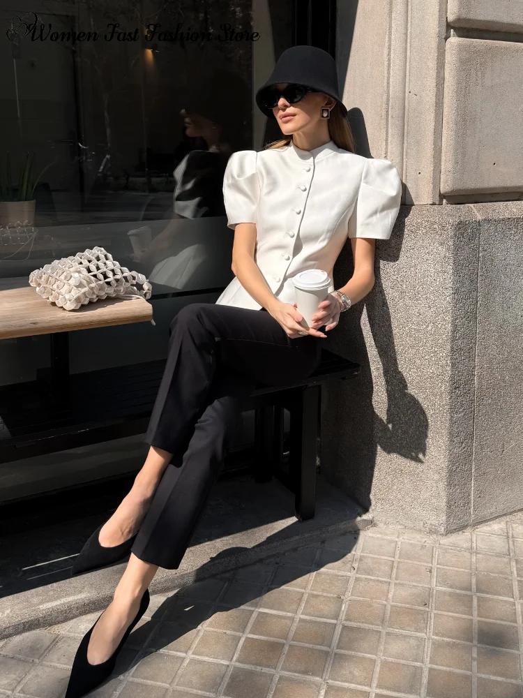 Manteau élégant à manches courtes et simple boutonnage pour femme, débardeurs unis à col rond, Nouve