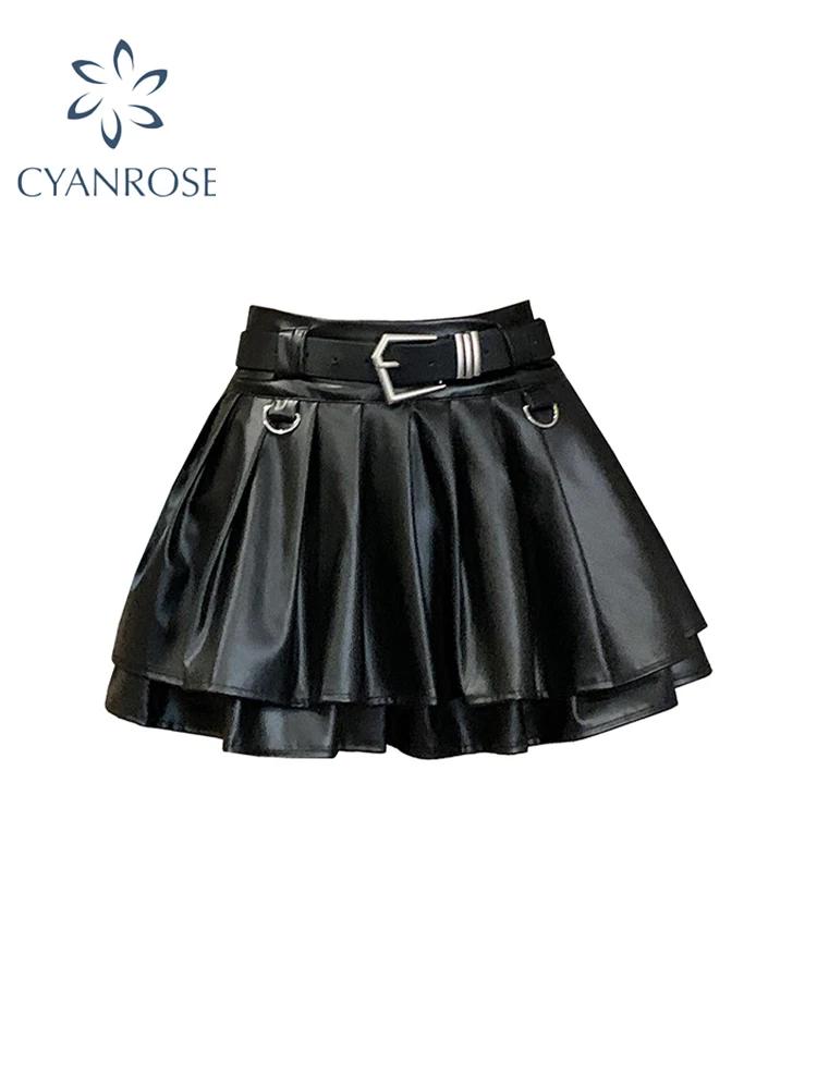 Jupe trapèze en cuir noir pour femme, vintage, esthétique, plissée, Harajuku, coréen, gothique, Mini