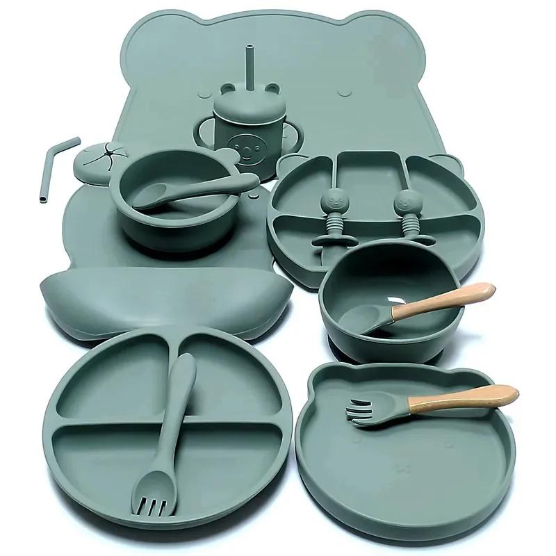 Ensemble d'ustensiles en silicone pour enfants, ensemble d'assiettes queplate, ventouse complémentai