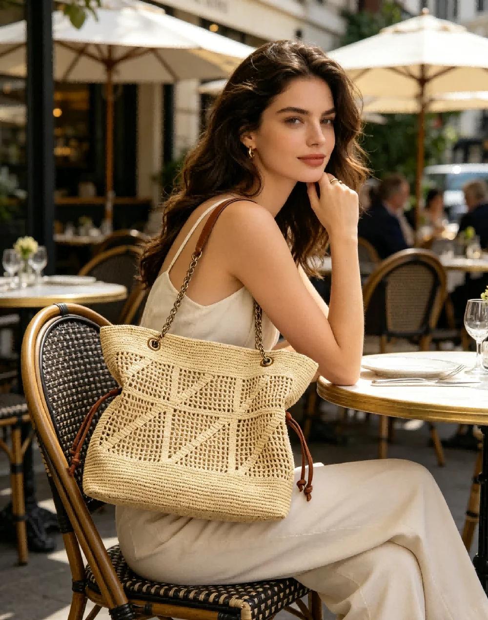 Sac fourre-tout tissé beige bohème pour femme, sac à bandoulière décontracté avec cordon de serrage
