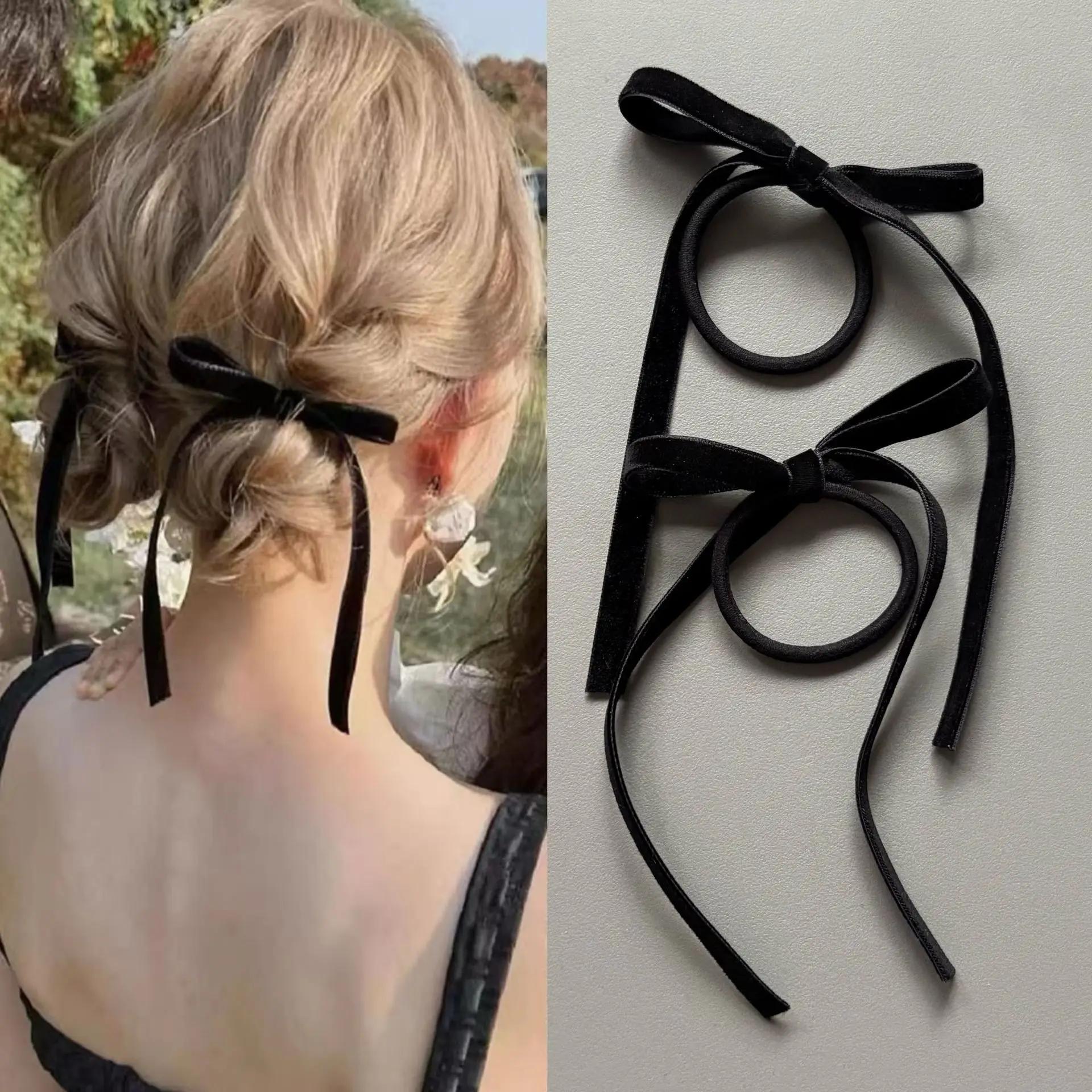 2/8 pièces de nœuds en velours noir tendance pour femmes et filles, accessoires pour cheveux de fête