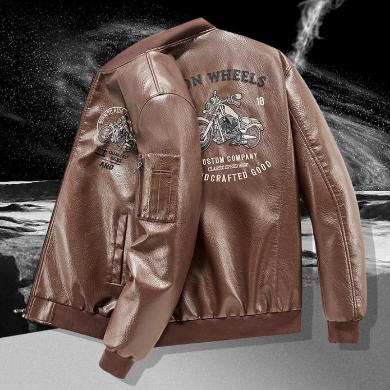 Veste d'automne en cuir de moto brodée pour hommes manteau de motard américain hommes col de Basebal