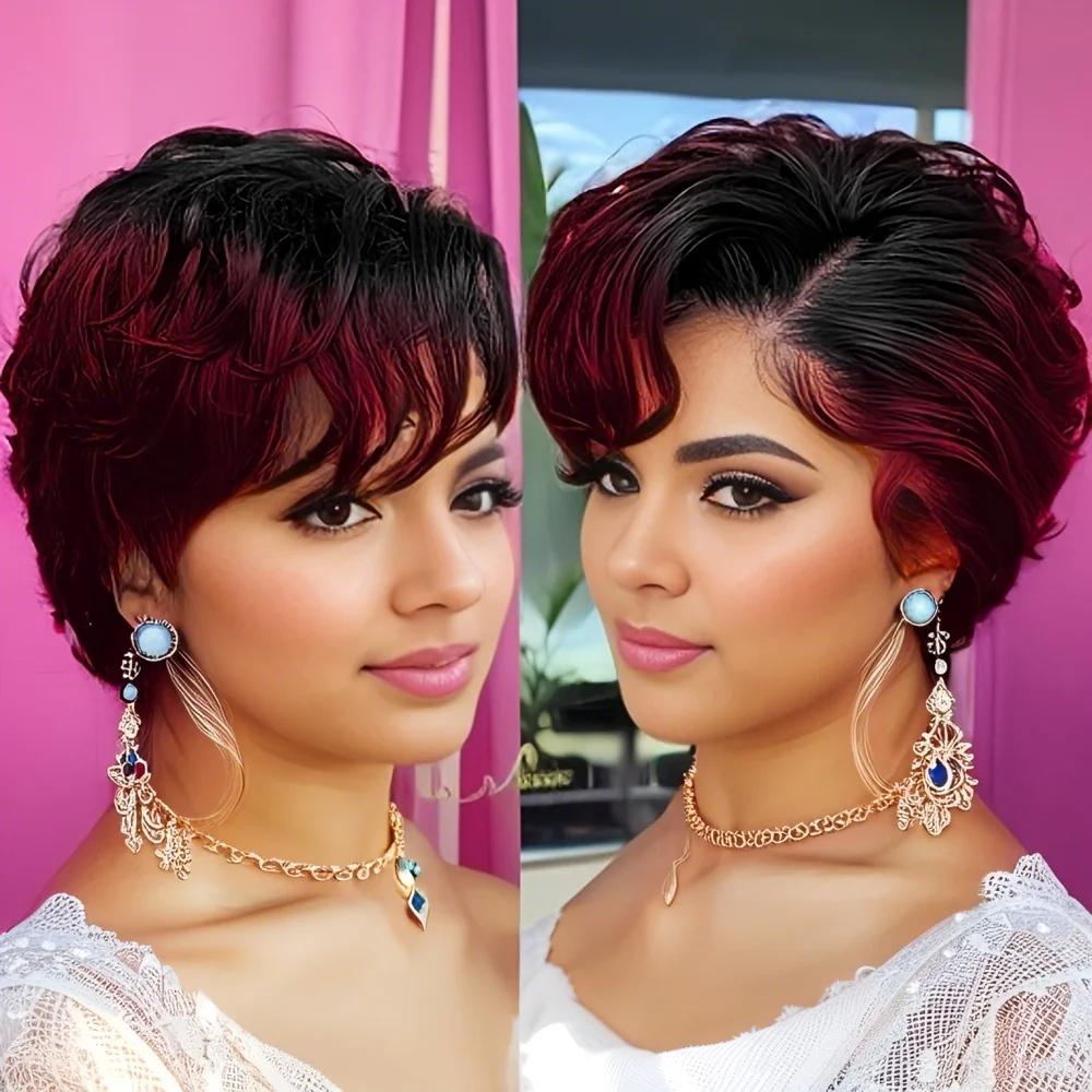Perruque Lace Front Wig naturelle transparente, cheveux humains, coupe Pixie, ondulée naturelle, cou