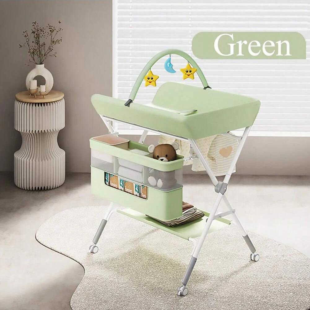 Table à langer bébé avec roulettes, station à couches pliable réglable en hauteur, portable, avec or