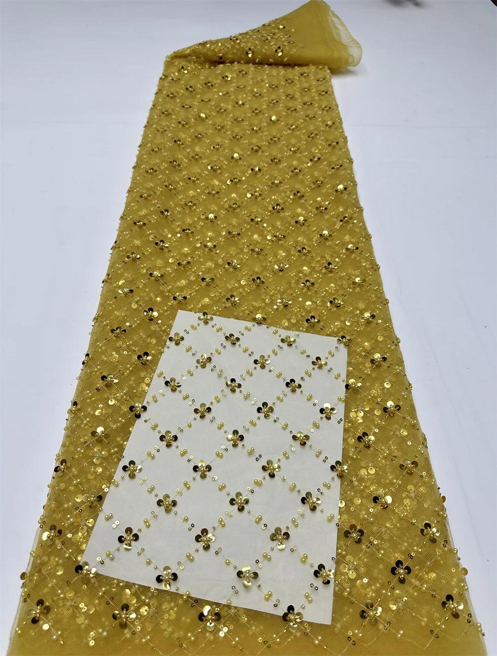 Tissu en dentelle de tulle africain doré 2026, tissu en filet français à sequins, broderie avec perl