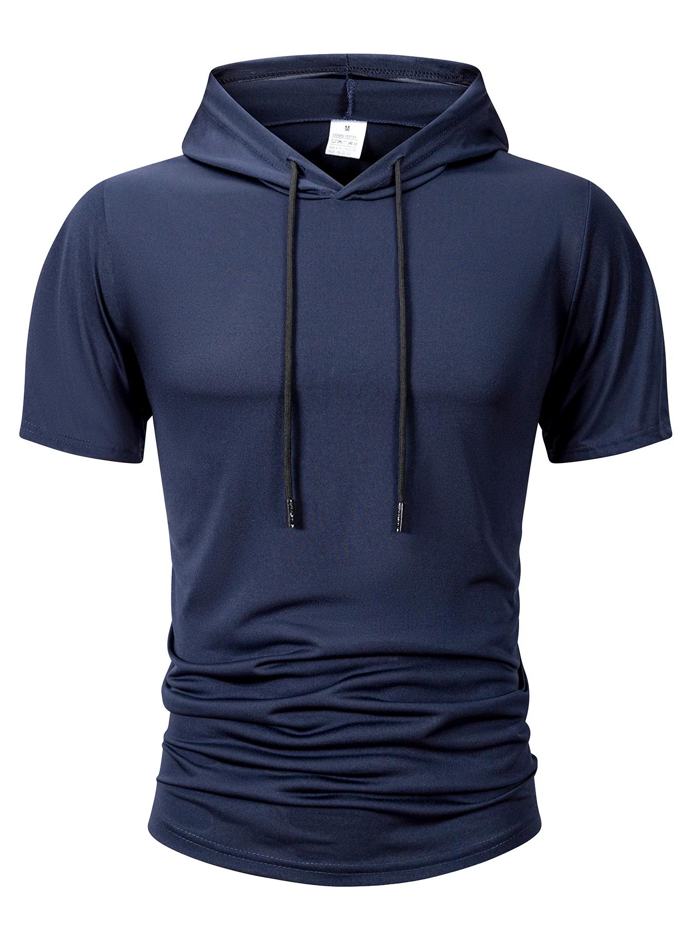 Sweat-shirt à capuche pour hommes, décontracté, manches courtes, ample, couleur unie, léger, Fitness
