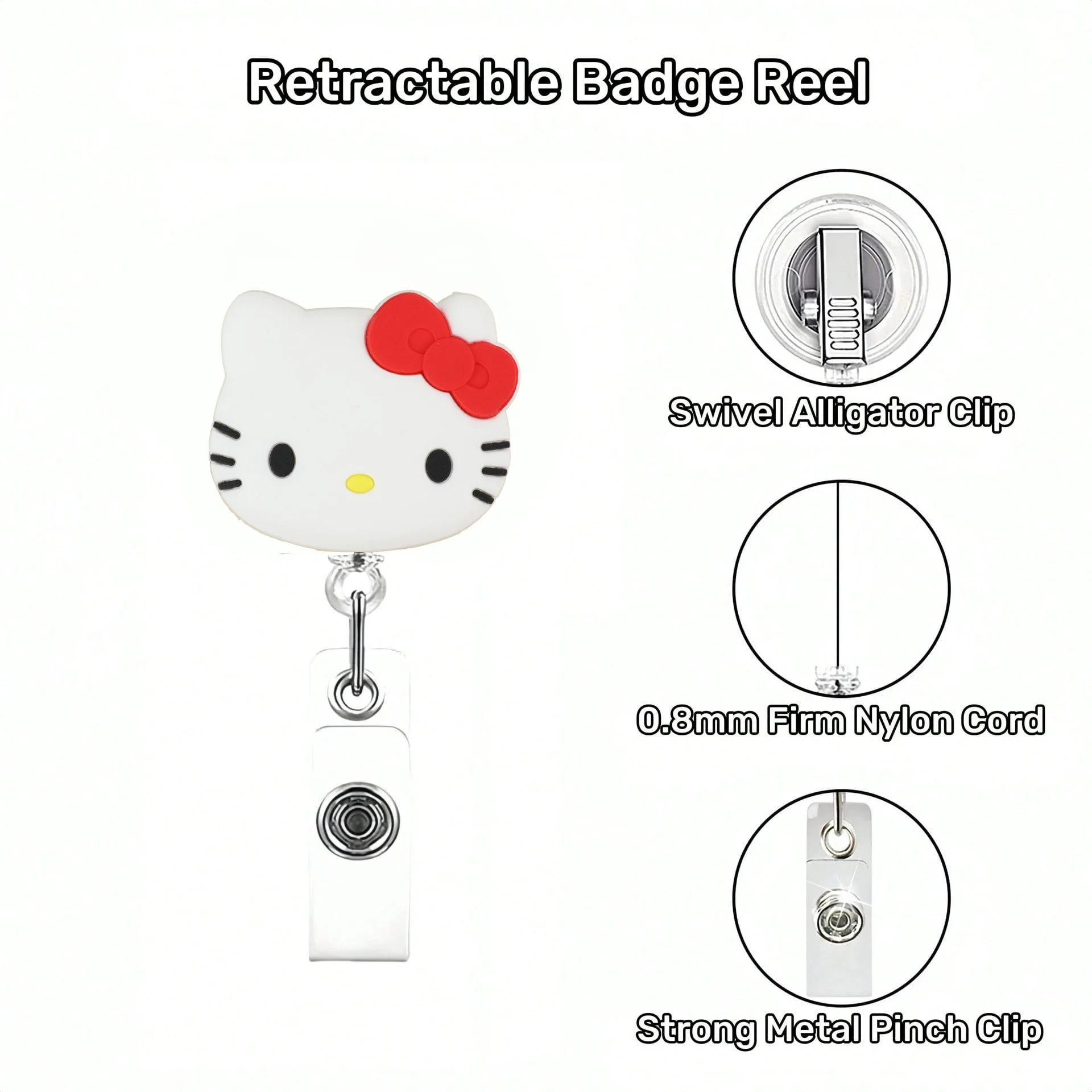 Porte-badge rétractable Sanrio Cat Kawaii en acrylique scintillant 360° ° Spinner avec porte-clés