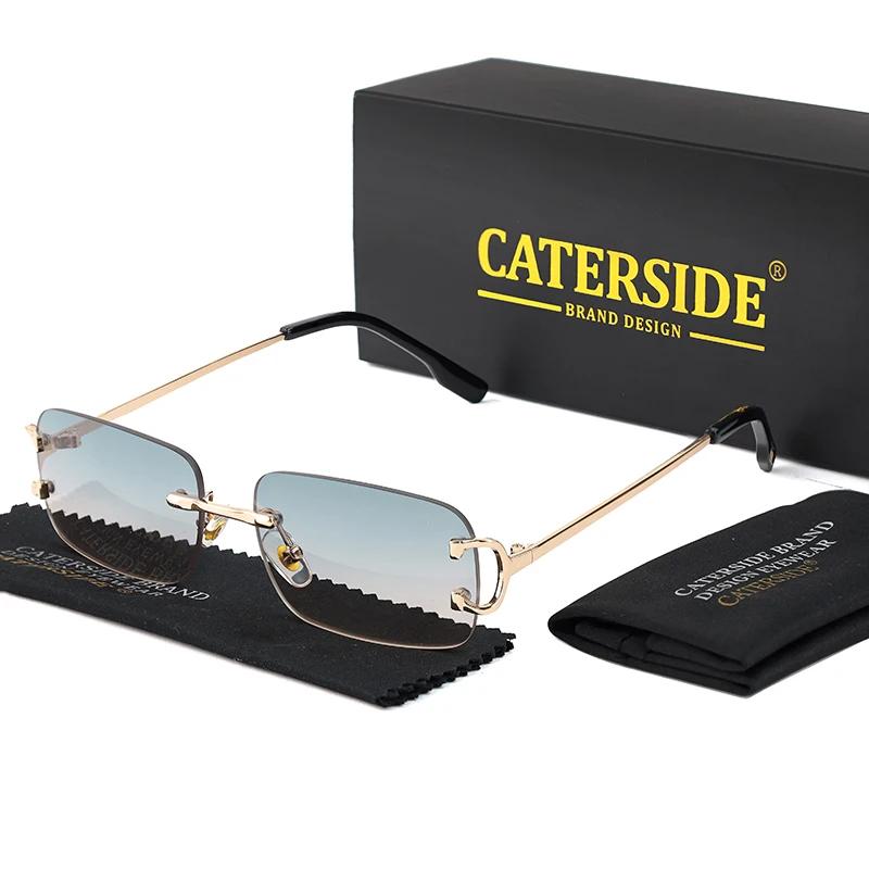 CATERSIDE bleu rectangulaire lunettes de soleil hommes sans monture en métal mode carré lunettes de