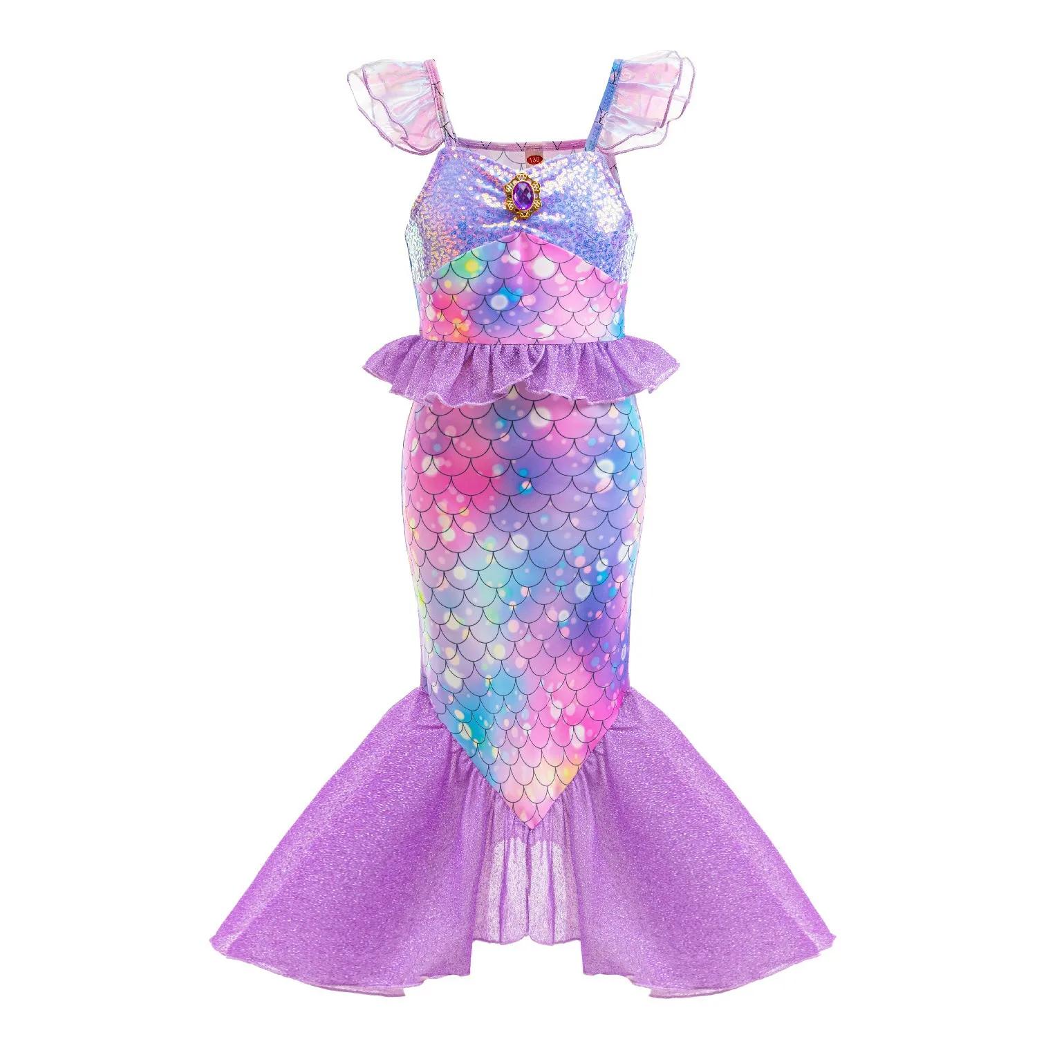 Robe princesse sirène violette pour filles - Costume queue de poisson, fête carnaval ou Halloween