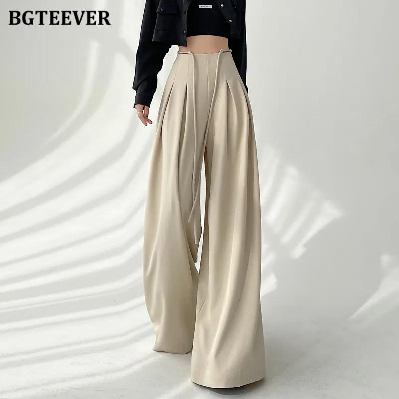 BGTEEVER élégant à lacets taille haute longueur au sol costume pantalon femmes printemps été poches