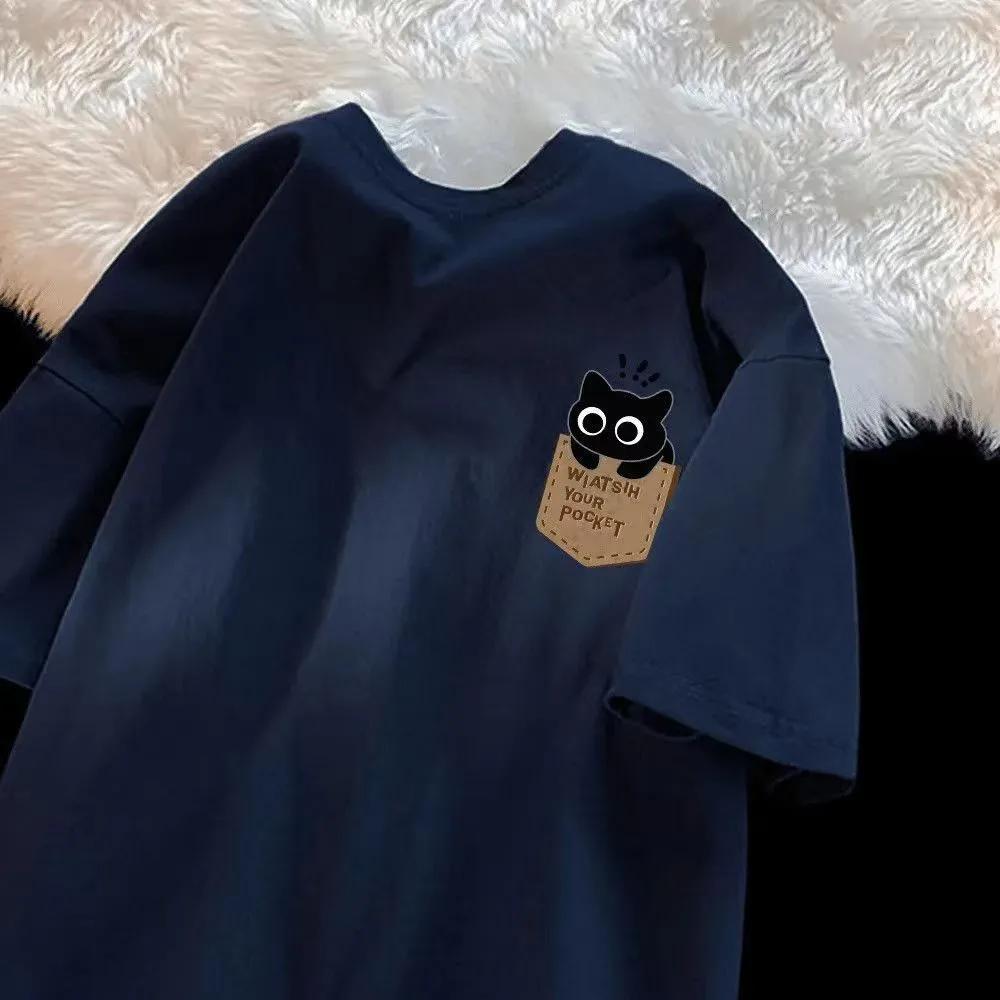 T-shirt décontracté à manches courtes style japonais-coréen, coupe ample, pour couple, motif dessin