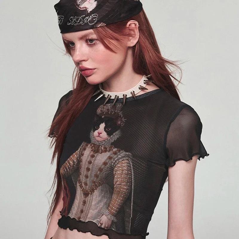 Y2K-T-shirt à manches courtes en maille de dentelle pour femmes, haut court imprimé chat, transparen