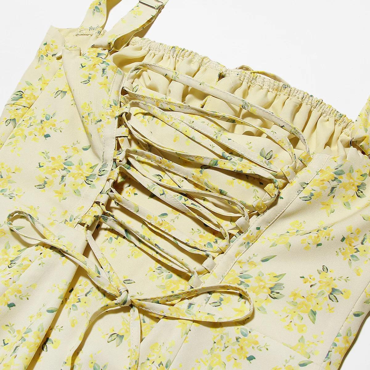 Suninheart-Robe mi-longue à bretelles spaghetti pour femme, robe à imprimé floral jaune, robe fendue
