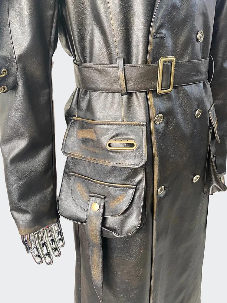 Nerazzurri printemps automne Cool Long imperméable en détresse noir Pu cuir Trench manteau hommes ce