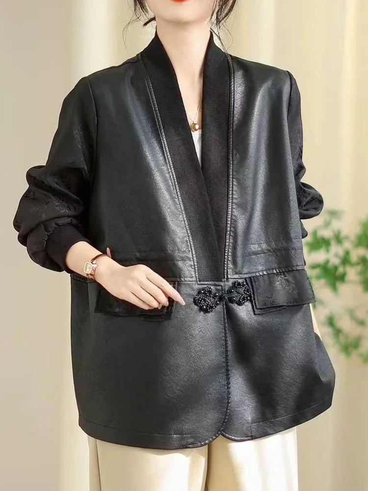 Amax LuluE chinois 2025 automne dames mode Patchwork Faux cuir vestes femmes ample col en V PU mante