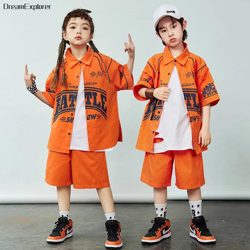 Chemise orange à manches courtes pour garçons et filles, ensembles de vêtements Hip Hop, shorts de d