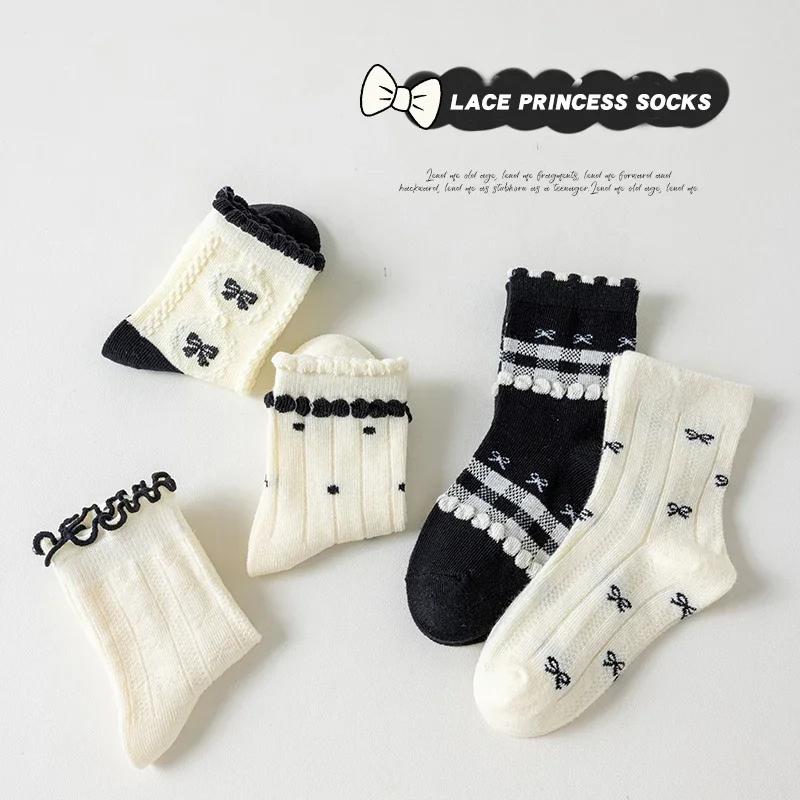 Chaussettes en coton solide pour enfants filles, 5 paires de nœuds papillon, douces, respirantes, ra