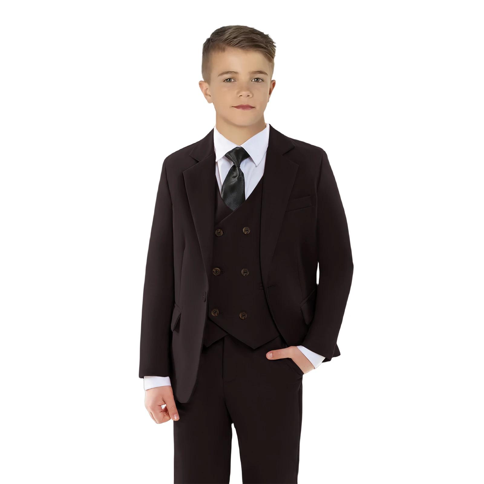 Ensemble de costume 4 pièces solide pour garçon, veste Blazer à bouton unique, gilet, pantalon avec
