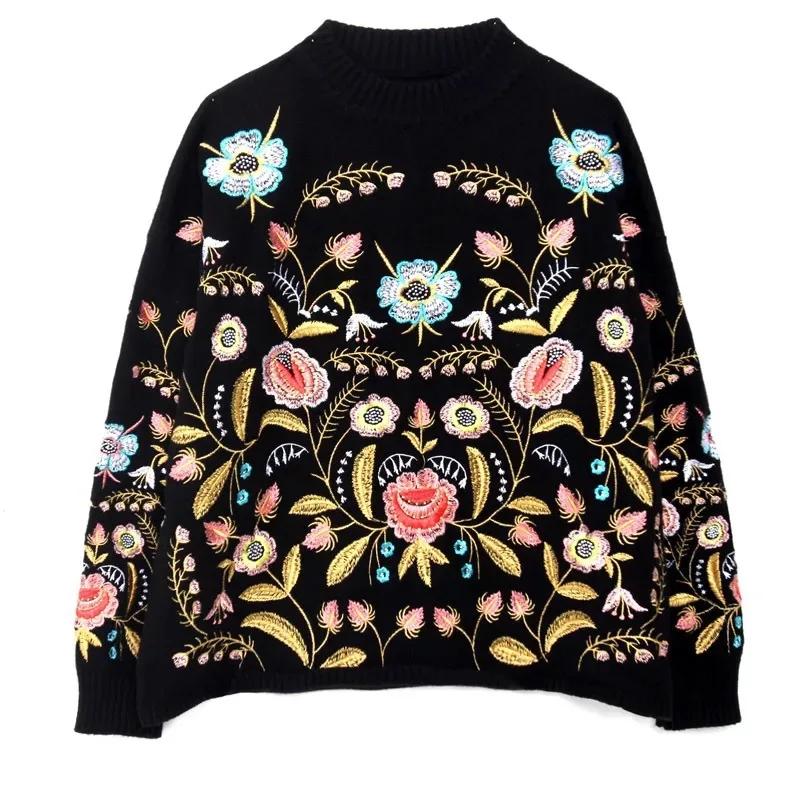 Pull Vintage brodé à col rond et fleurs pour femme, haut ample, coréen, à manches longues, à la mode