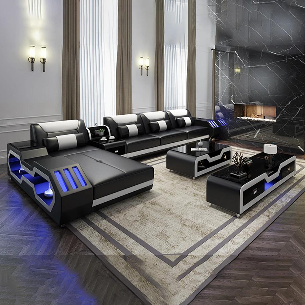 Ensemble de canapé moderne éclairé par LED avec fauteuil inclinable, appui-tête et console réglables