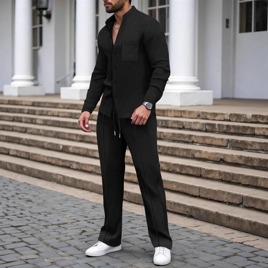 Nouveau costume d'automne pour hommes, chemise gaufrée à manches longues de couleur unie avec cardig