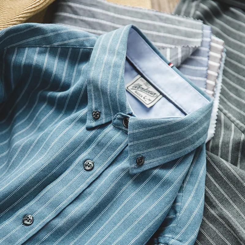 Maden vêtements de travail américain rétro bleu brossé chemise à rayures verticales affaires décontr