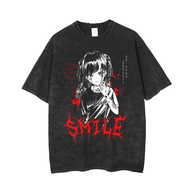Anime hommes t-shirts gothique imprimé T-Shirt Hip Hop Streetwear Punk été Vintage lavé surdimension
