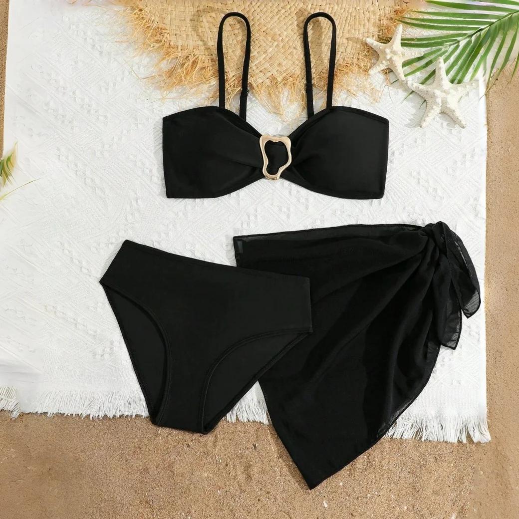 Ensemble de maillots de bain 3 pièces pour adolescentes 2026 – Bikini décoré de boucles métalliques,