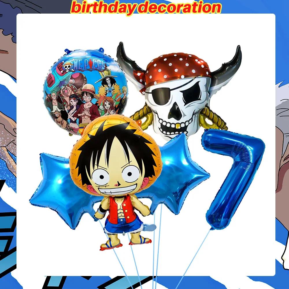 Assiettes de fête d'anniversaire One Piece, bannière suspendue, décoration de gâteau, ballons One Pi