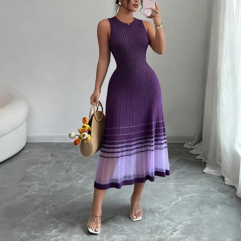 Robe midi décontractée pour femme, sans manches, col rond, en maille élastique, avec ourlet transpar