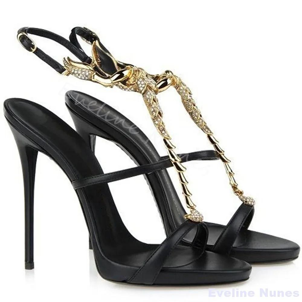 Sandales à talons hauts en métal Scorpion pour femmes, bout rond ouvert, ceinture en un mot, sandale
