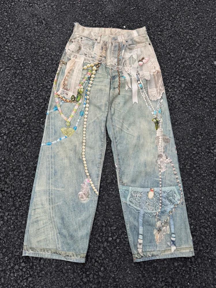 25SS dentelle perle chaîne trompe l'oeil 3D imprimé 1981 jambe droite jean pour hommes et femmes rop