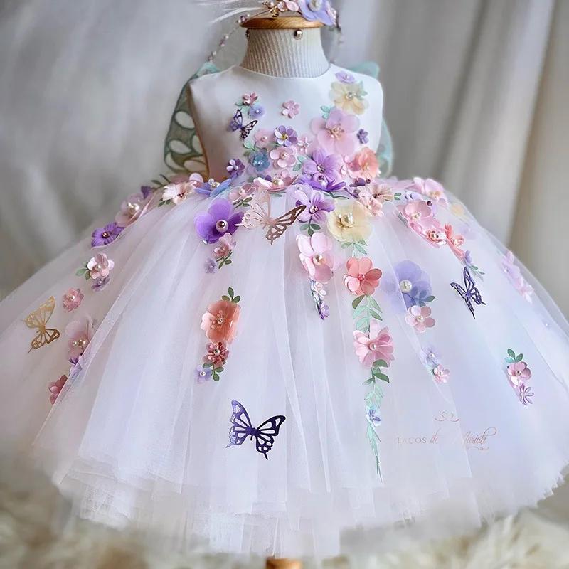 Robe de princesse à fleurs et papillons pour filles, luxueuse et élégante, en maille moelleuse, douc
