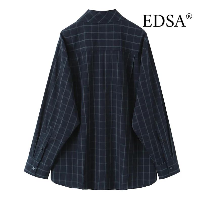 EDSA chemise à carreaux bleu marine pour femmes avec poche carrée pour bureau dame simple boutonnage