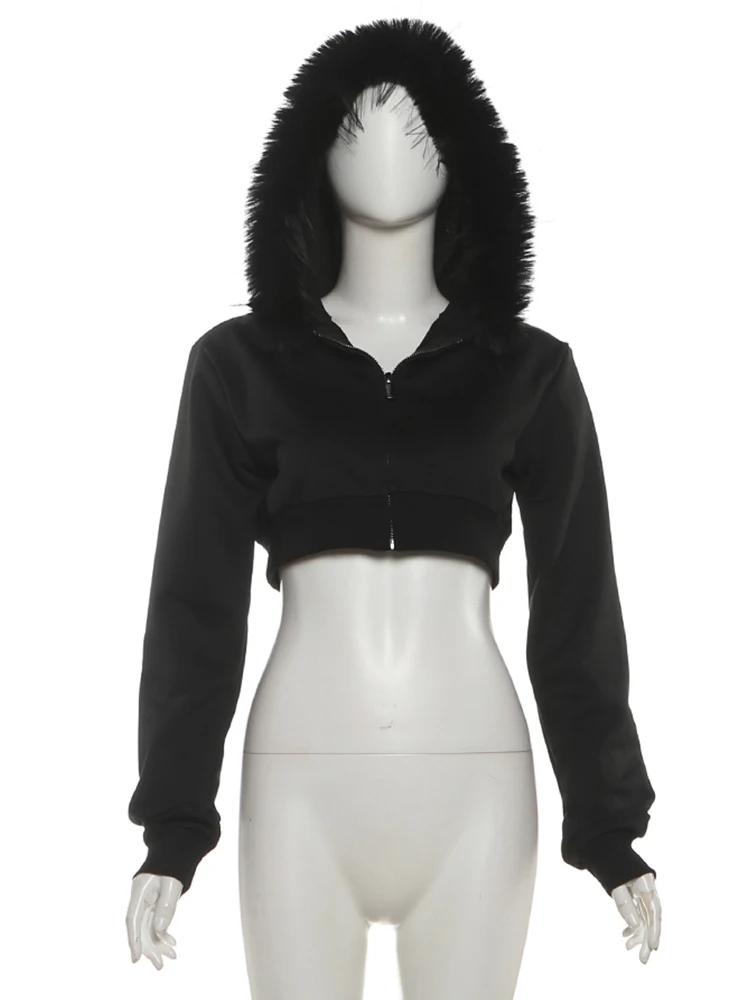SIsterlinda Tendance Furry Patchwork Veste Femmes À Capuche Automne Tendance Zip Super Court À Manch