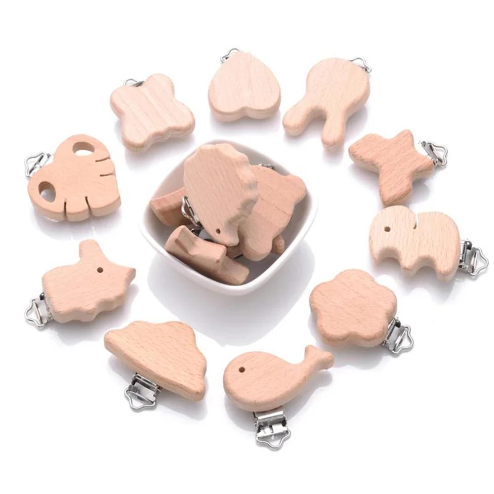 Sucette en bois de hêtre pour bébé, 5 pièces, sucette animale en bois de hêtre, support à Clips méta