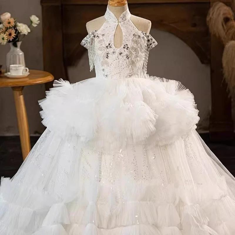 Robe de princesse blanche pour filles, robe de soirée bouffante en Tulle, longue robe de concours, s