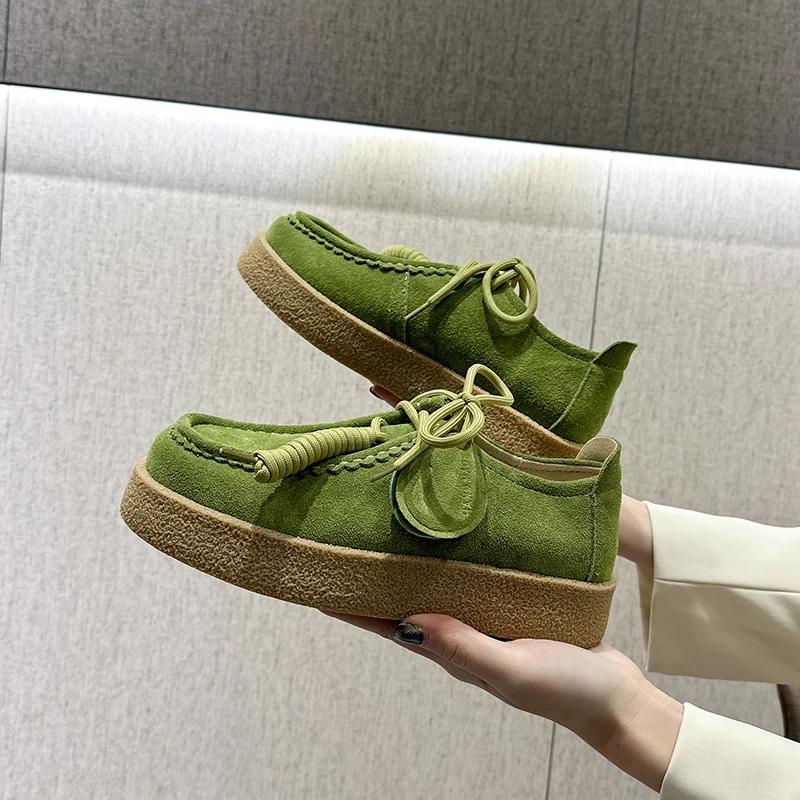 Mocassins pour femmes en daim et cuir véritable, plateforme, style britannique, à lacets, chaussures