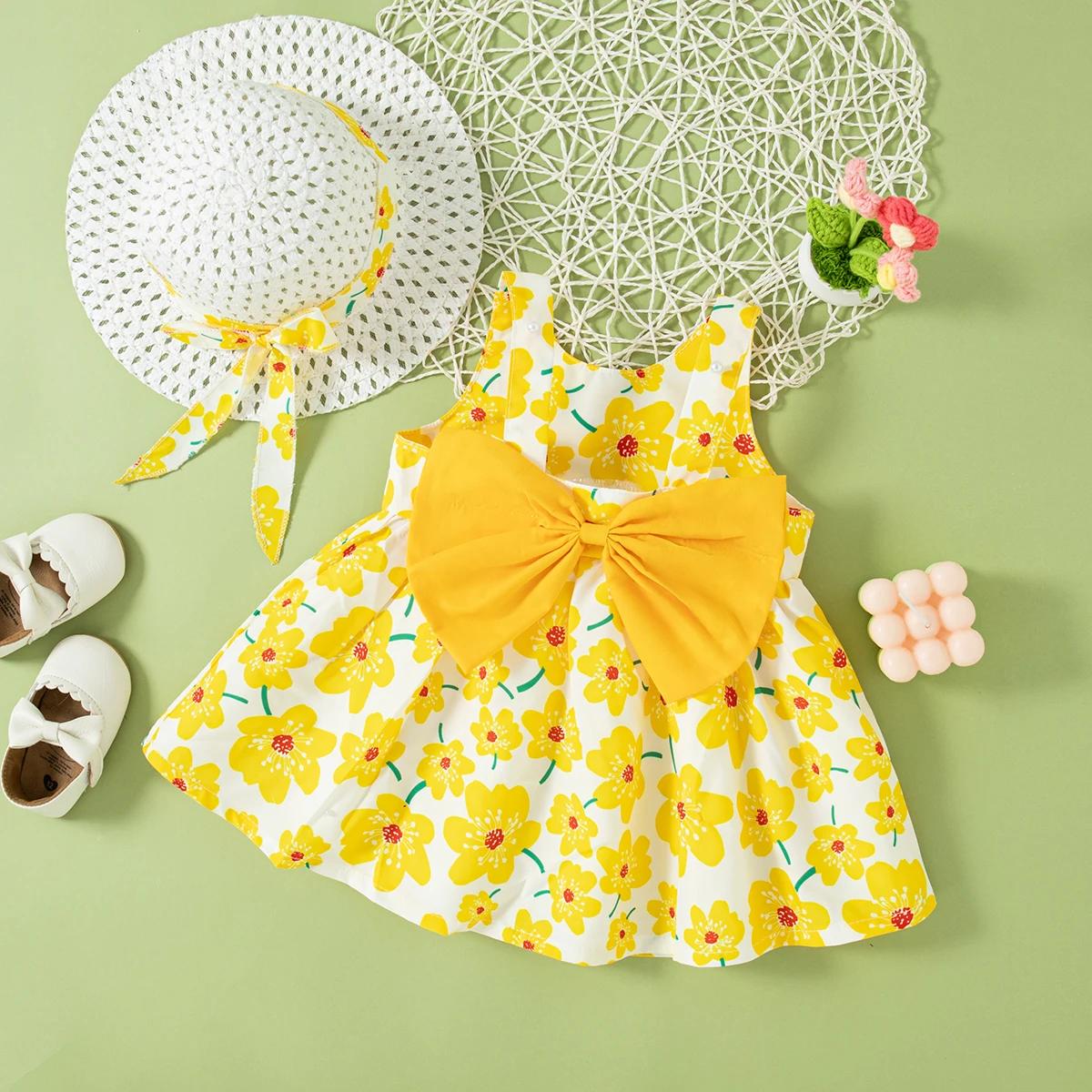 Robe florale pour petites filles de 0 à 2 ans, tenue d'été avec chapeau gratuit pour fête sur la pla