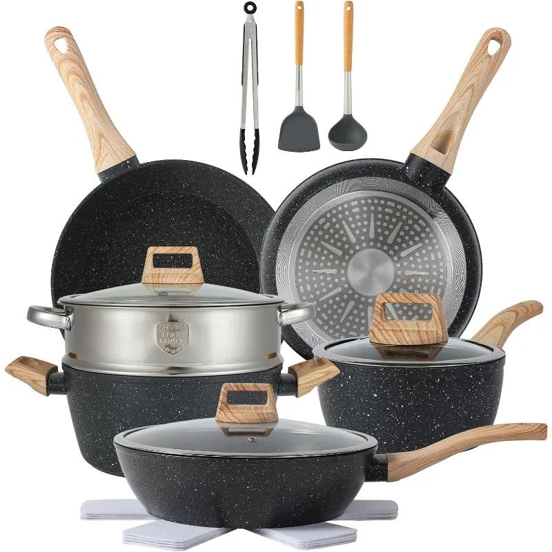 Ensemble de casseroles et poêles, batterie de cuisine antiadhésive avec ensemble de cuisine (noir, 1