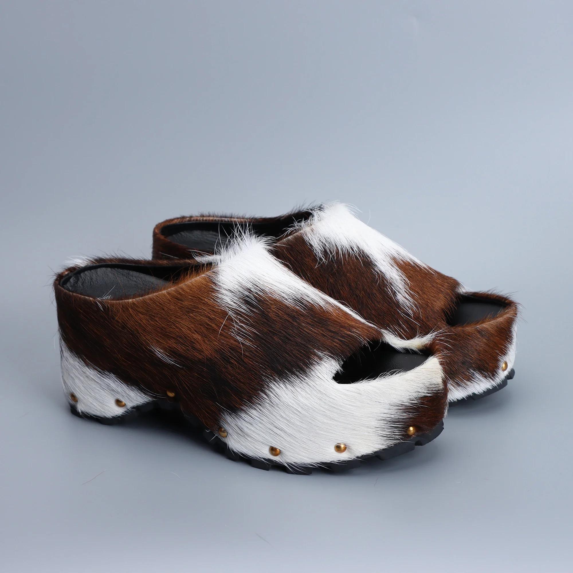 Mules à plateforme de luxe pour femmes, chaussures de styliste, en poils de veau véritable, doublées