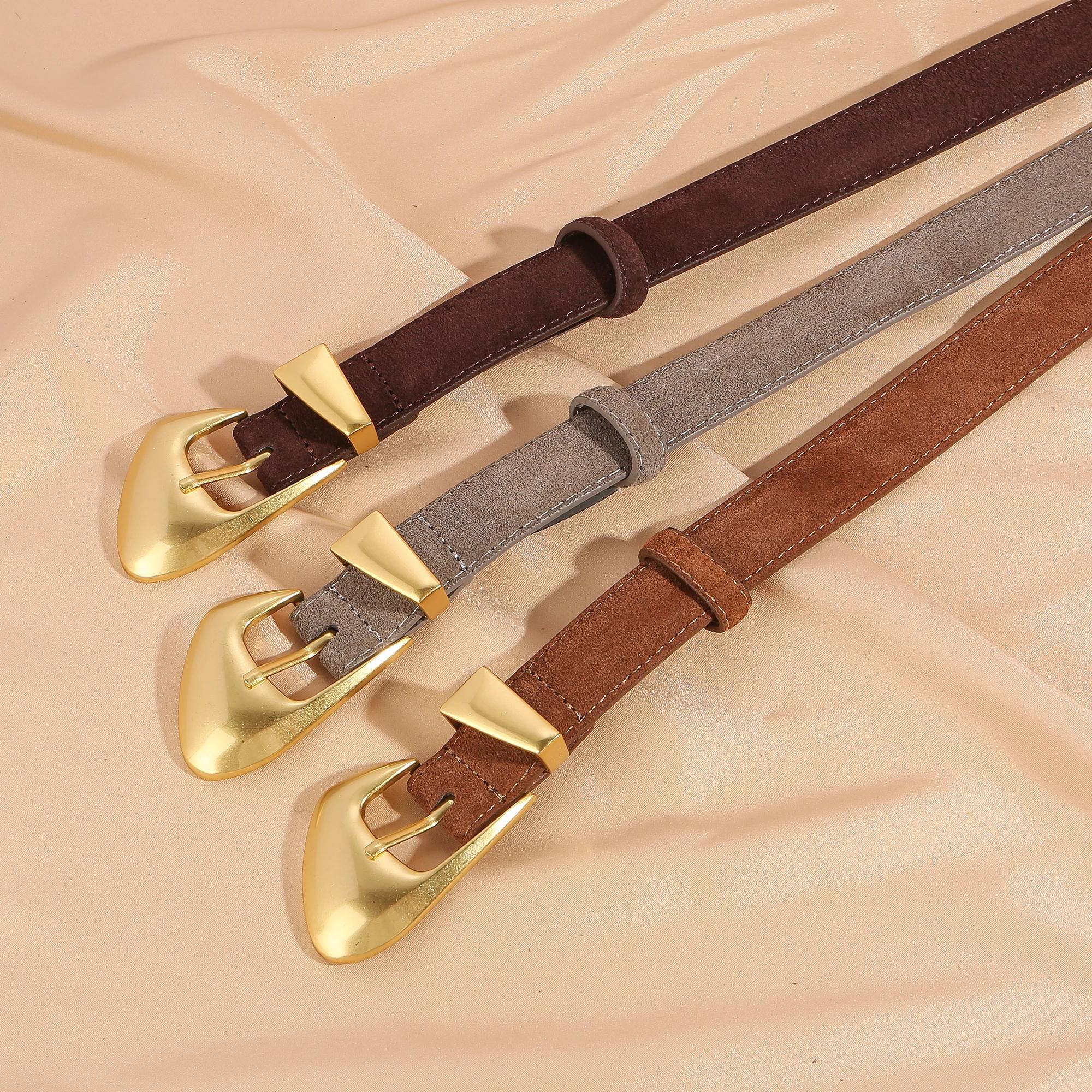 Ceinture de luxe en cuir de vache et daim pour femmes, Style Vintage avec boucle dorée, ceinture de