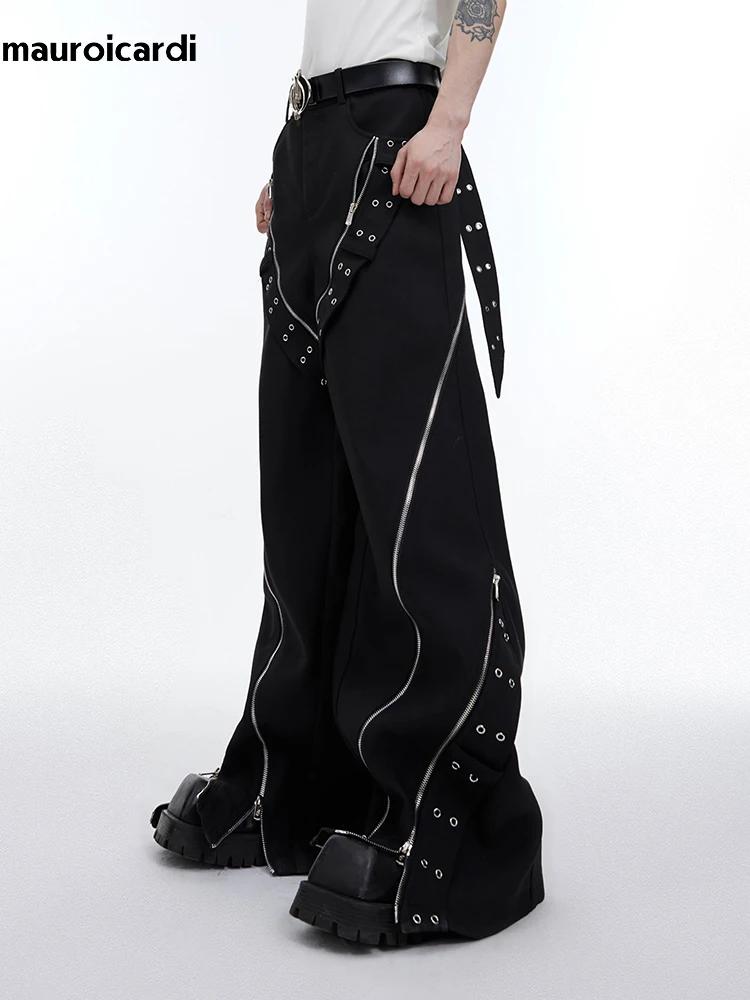 Mauroicardi-Pantalon Baggy à Jambes Larges pour Homme, Streetwear Cool, Long, Noir, Flowy, Vêtements