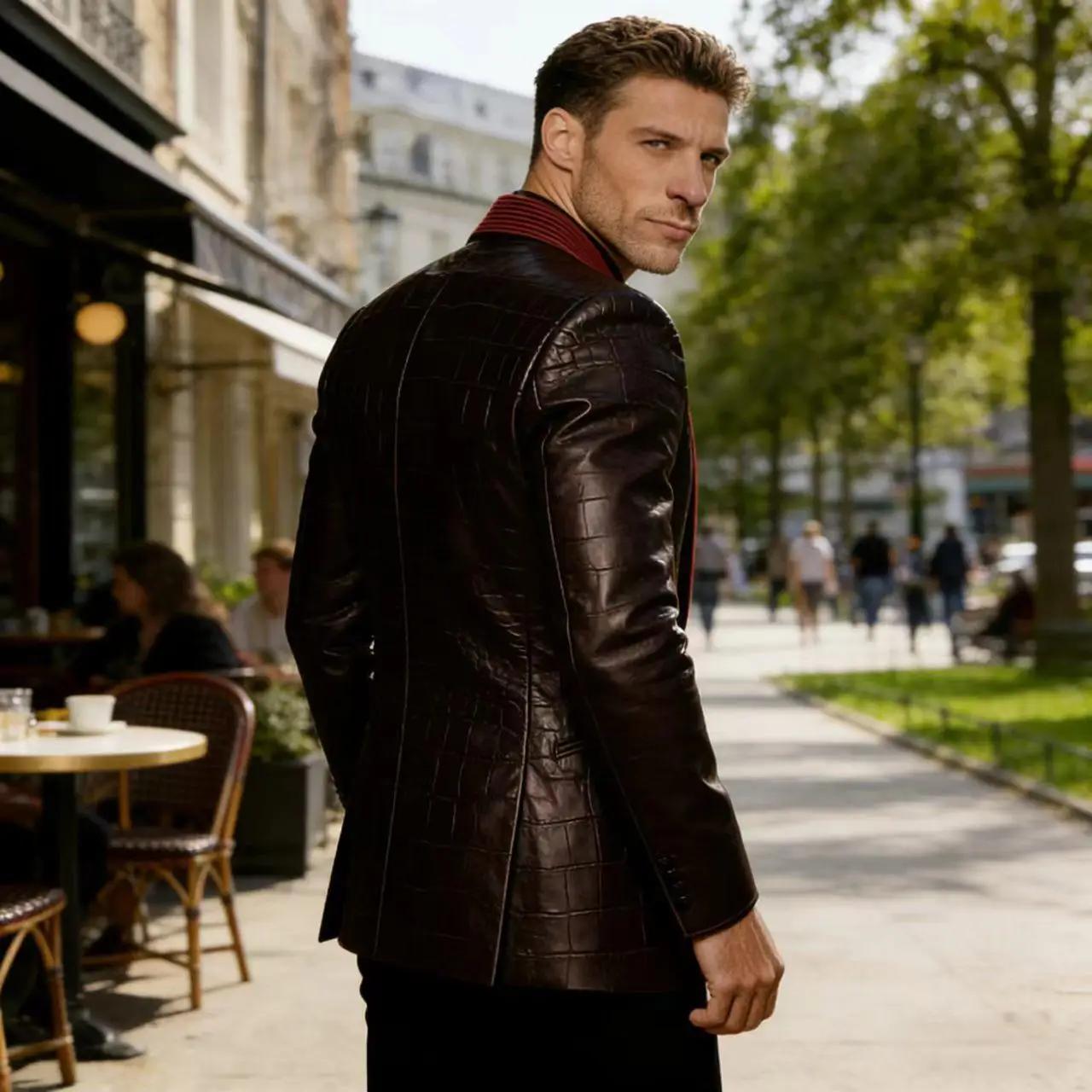 Blazer en cuir à motif crocodile pour homme, patchwork en velours côtelé, 1 bouton, col châle, veste