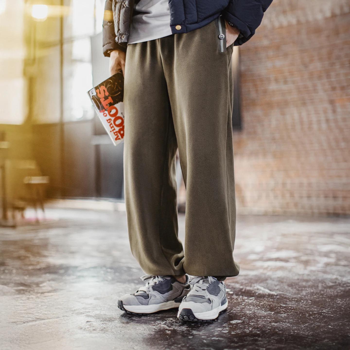 Maden Vintage hommes pantalon de survêtement en polaire brossé vert Olive pantalon thermique taille