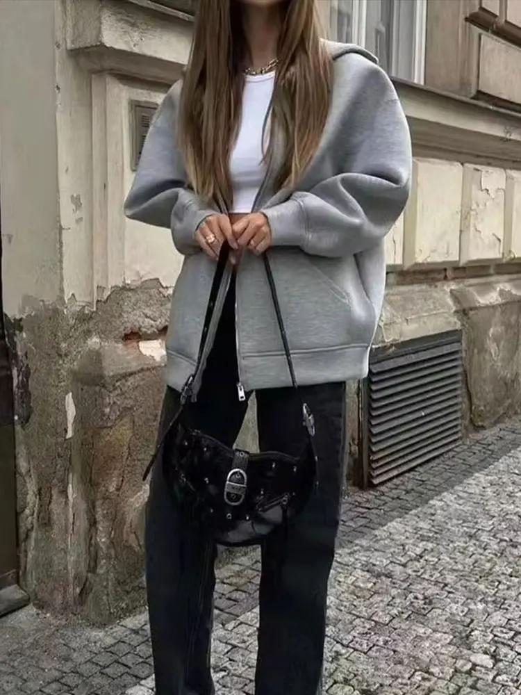 HH automne femmes gris veste avec capuche à manches longues grande poche veste à glissière manteau f