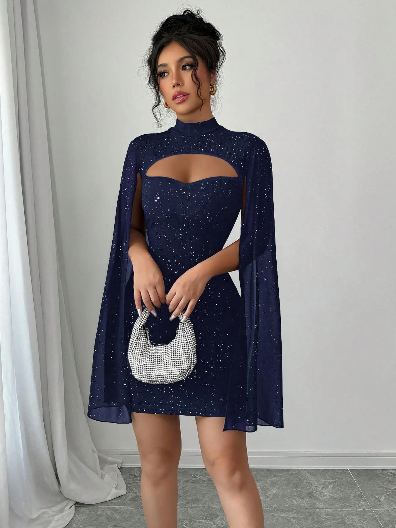 Mini robe Cape à col montant pour femmes, Sexy, paillettes scintillantes, soirée en boîte de nuit, m