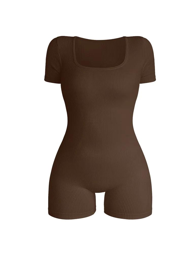 Combinaison une pièce à col carré et manches courtes pour femmes, Sexy, taille haute, moulante, à la