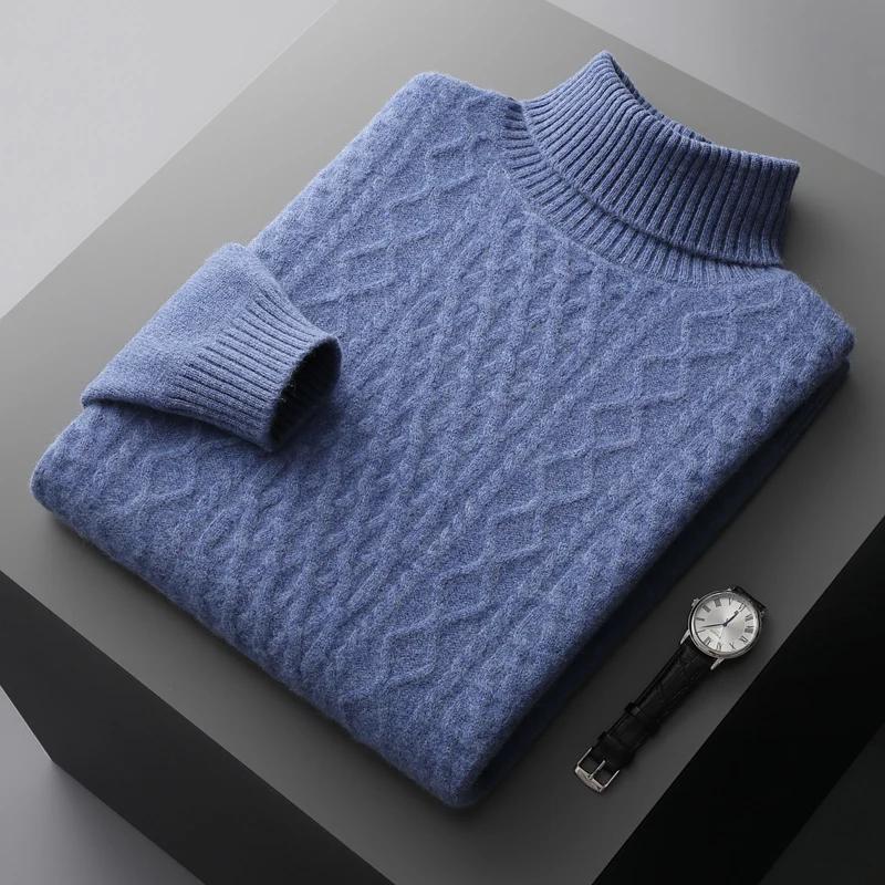 Nouveau automne et hiver 100% laine mérinos hommes col haut double brin épais jacquard pull pull tri