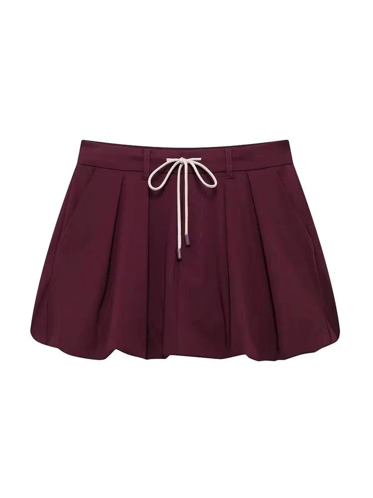Ensemble 2 pièces décontracté pour femmes, taille à lacets, édition lanterne, Mini jupe, poche solid